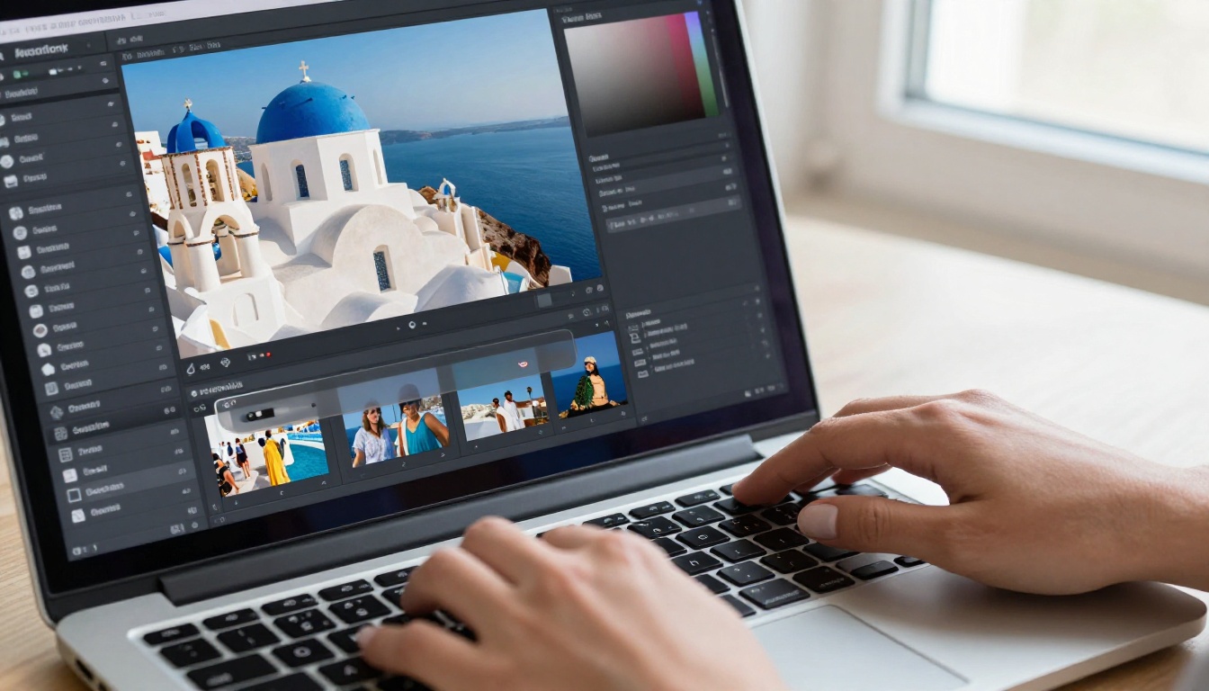 Close-up of hands on a laptop showing an AI photo editing interface with Santorini in the background and a selection area highlighting tourists