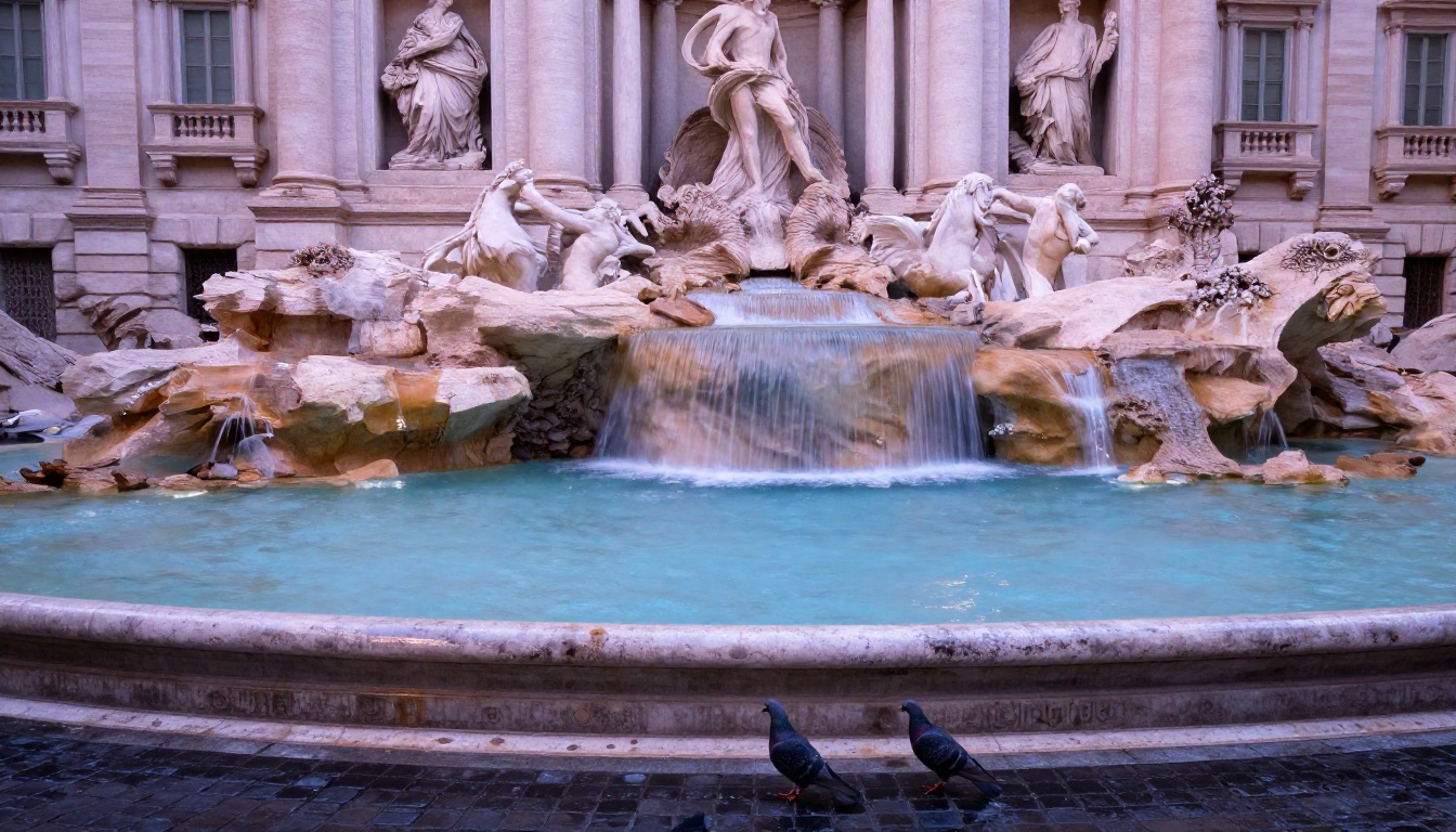 The Trevi Fountain in Rome photographed completely empty during early morning blue hour, water flowing with long exposure, wet cobblestones