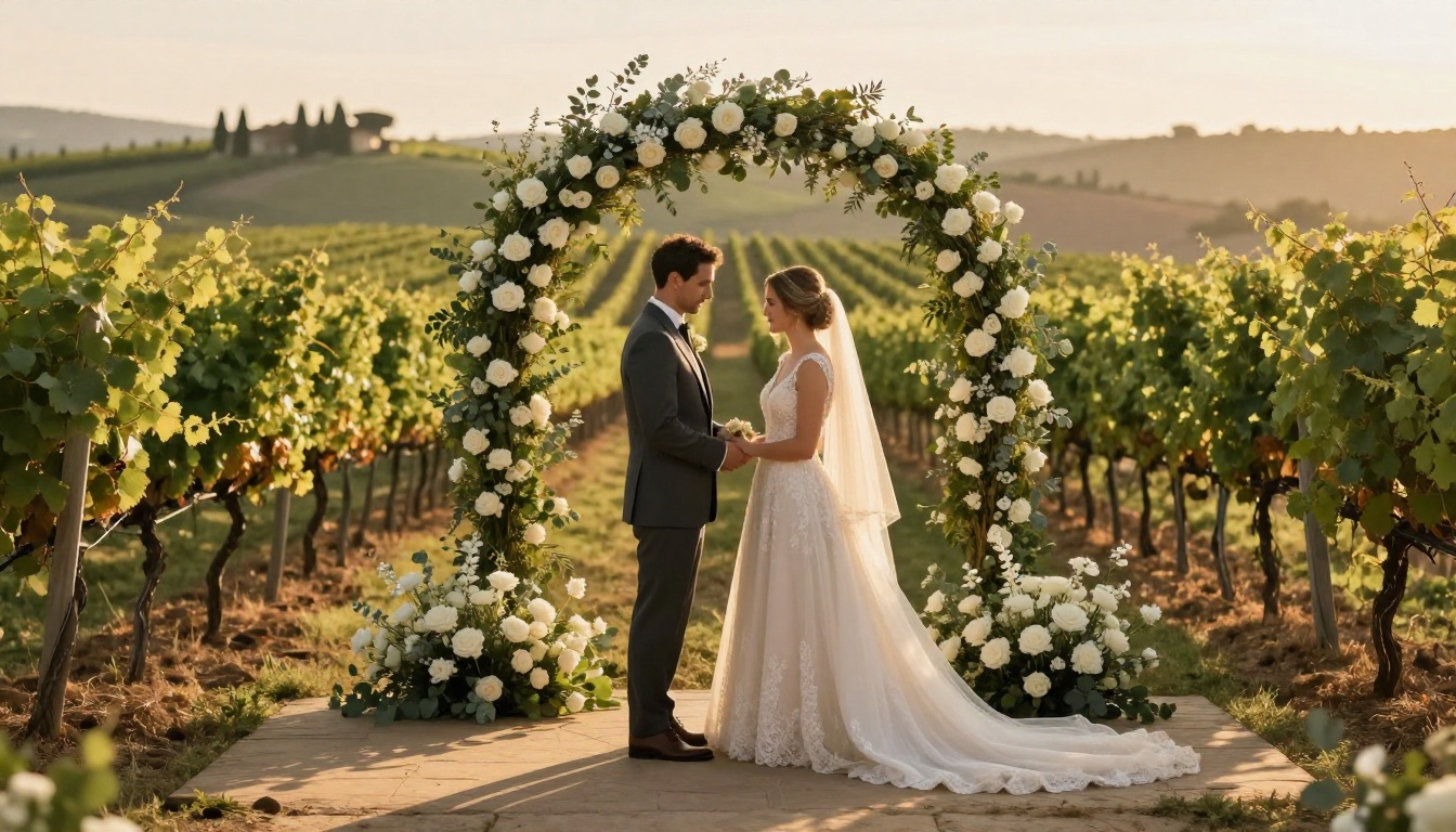 A couple at their wedding ceremony under a floral arch in a Tuscany vineyard, serene and completely alone with no guests visible, golden hour light A couple at their wedding ceremony under a floral arch in a Tuscany vineyard, serene and completely alone with no guests visible, golden hour light