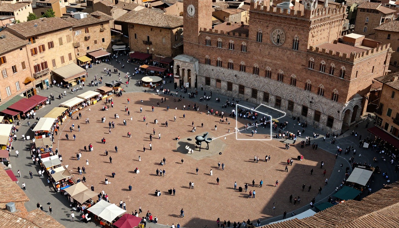 Aerial view of Piazza del Campo in Siena packed with market visitors, with an AI selection tool actively erasing the crowd to reveal pristine terracotta brick beneath