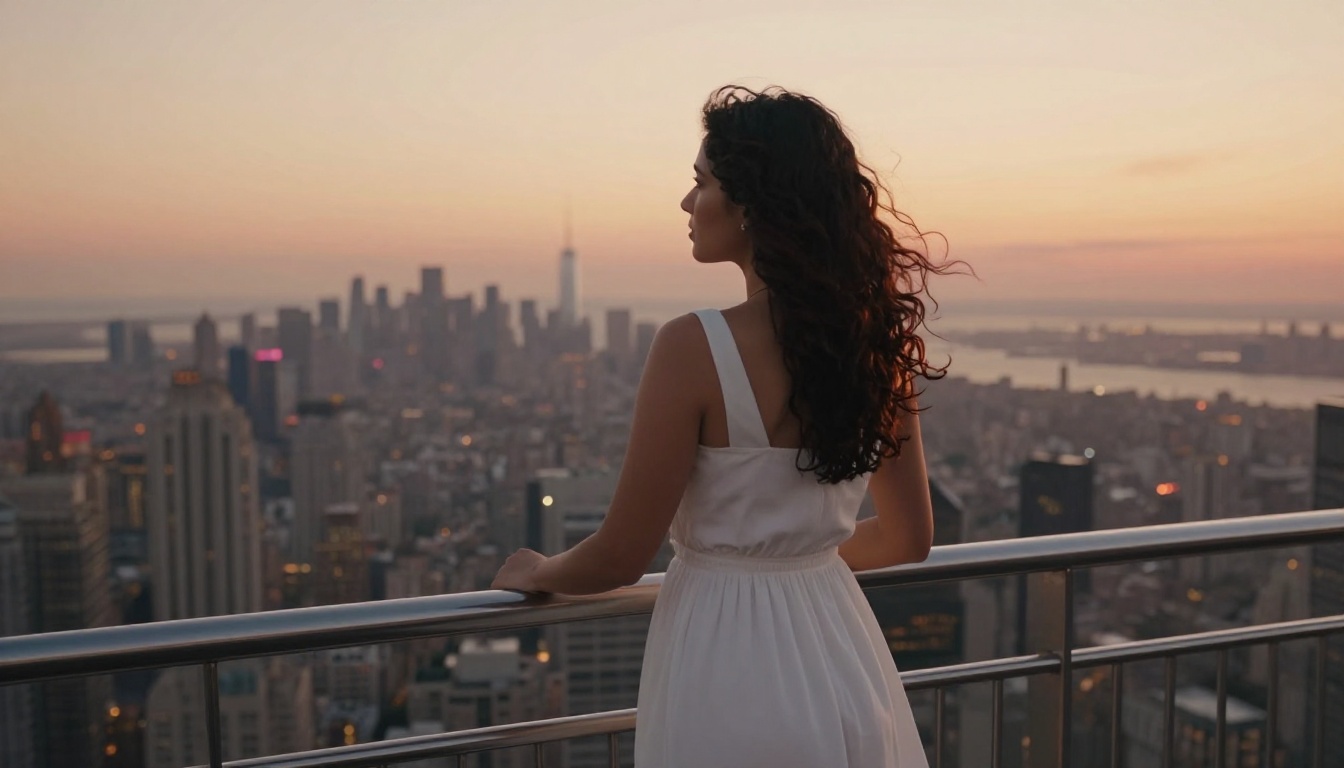A woman alone on a skyscraper observation deck overlooking a glowing city at sunset, white dress billowing, arms resting on the railing, no one else on the deck A woman alone on a skyscraper observation deck overlooking a glowing city at sunset, white dress billowing, arms resting on the railing, no one else on the deck