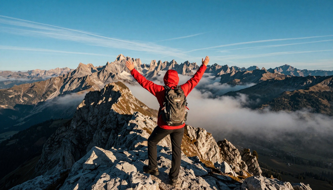 A lone hiker with a red jacket celebrating at the summit of a Dolomites peak, vast mountain panorama stretching to the horizon, no other people visible A lone hiker with a red jacket celebrating at the summit of a Dolomites peak, vast mountain panorama stretching to the horizon, no other people visible