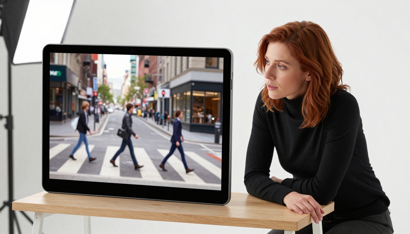 A professional photographer in a studio reviewing before-and-after of a city street photo on a tablet, showing empty street versus crowd-filled version A professional photographer in a studio reviewing before-and-after of a city street photo on a tablet, showing empty street versus crowd-filled version