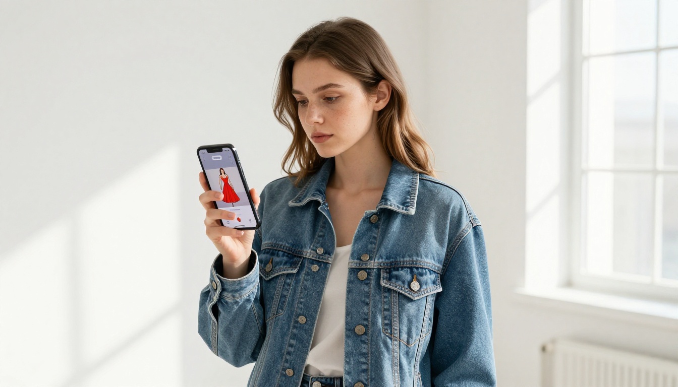 Woman holding smartphone with AI fashion editing app visible on screen, minimalist studio environment with natural window light