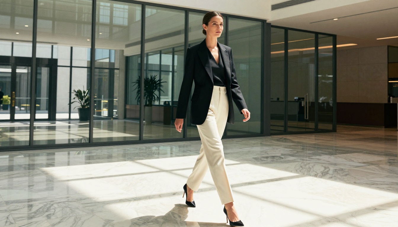 Woman walking confidently through a modern glass-and-steel office lobby in a tailored black blazer and cream trousers