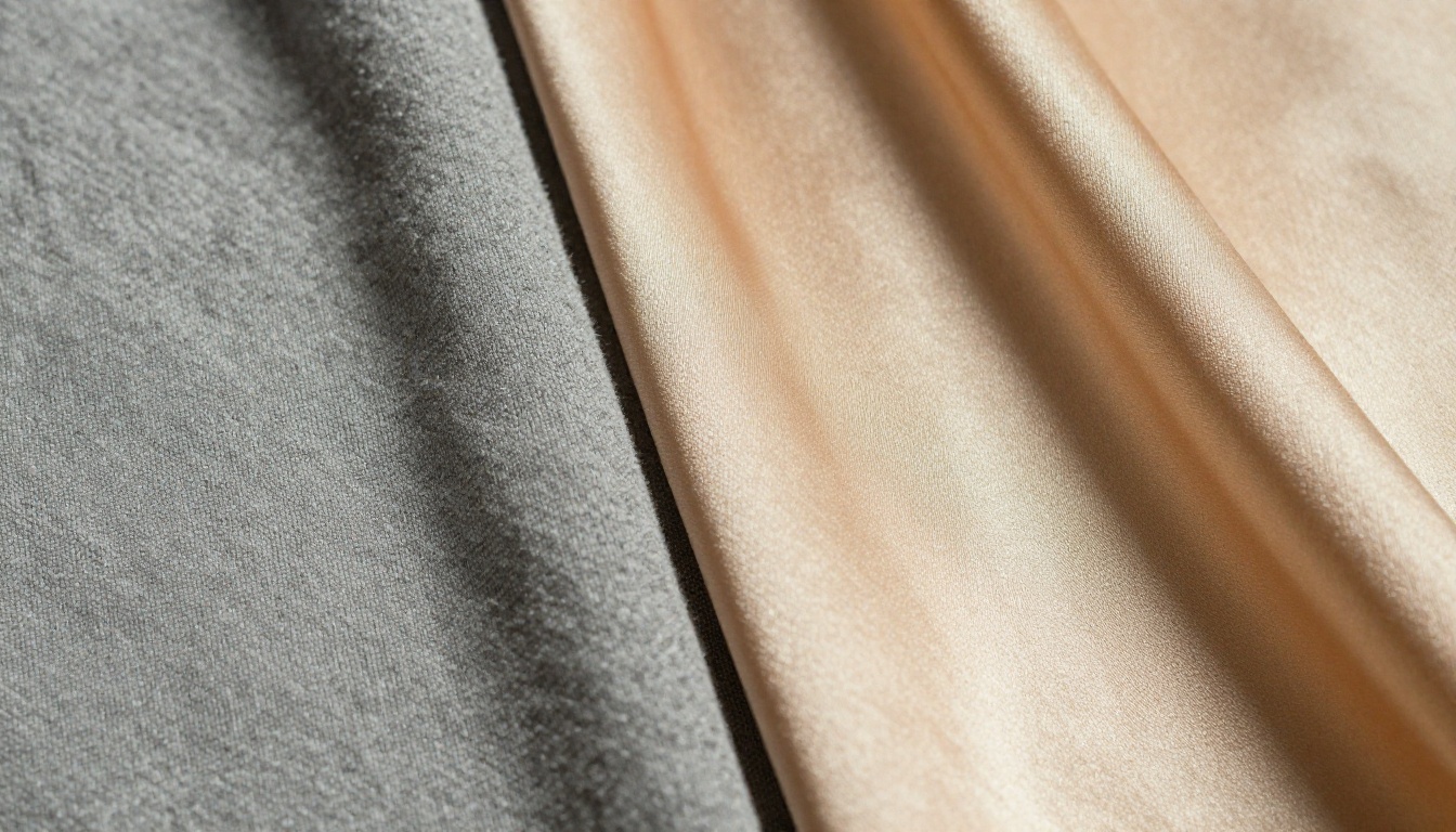Close-up macro shot of premium fabric textures, casual cotton weave on the left versus luxurious silk evening gown with iridescent sheen on the right