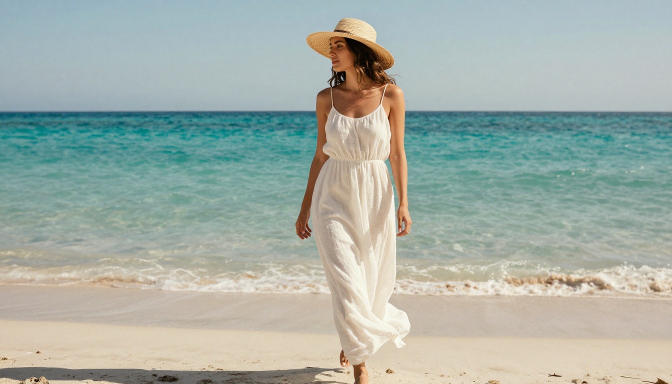 Beautiful woman in flowing white sundress and straw hat walking along a Mediterranean beach, warm sunlight creating natural rim lighting on her shoulders
