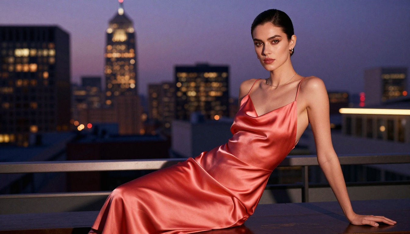 Fashion model in vibrant coral satin slip dress seated at a rooftop bar during blue hour, city skyline glowing softly behind her