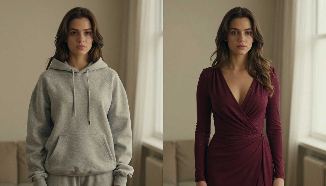 Split-composition photograph of the same woman in casual grey hoodie on the left versus an elegant fitted burgundy cocktail dress on the right