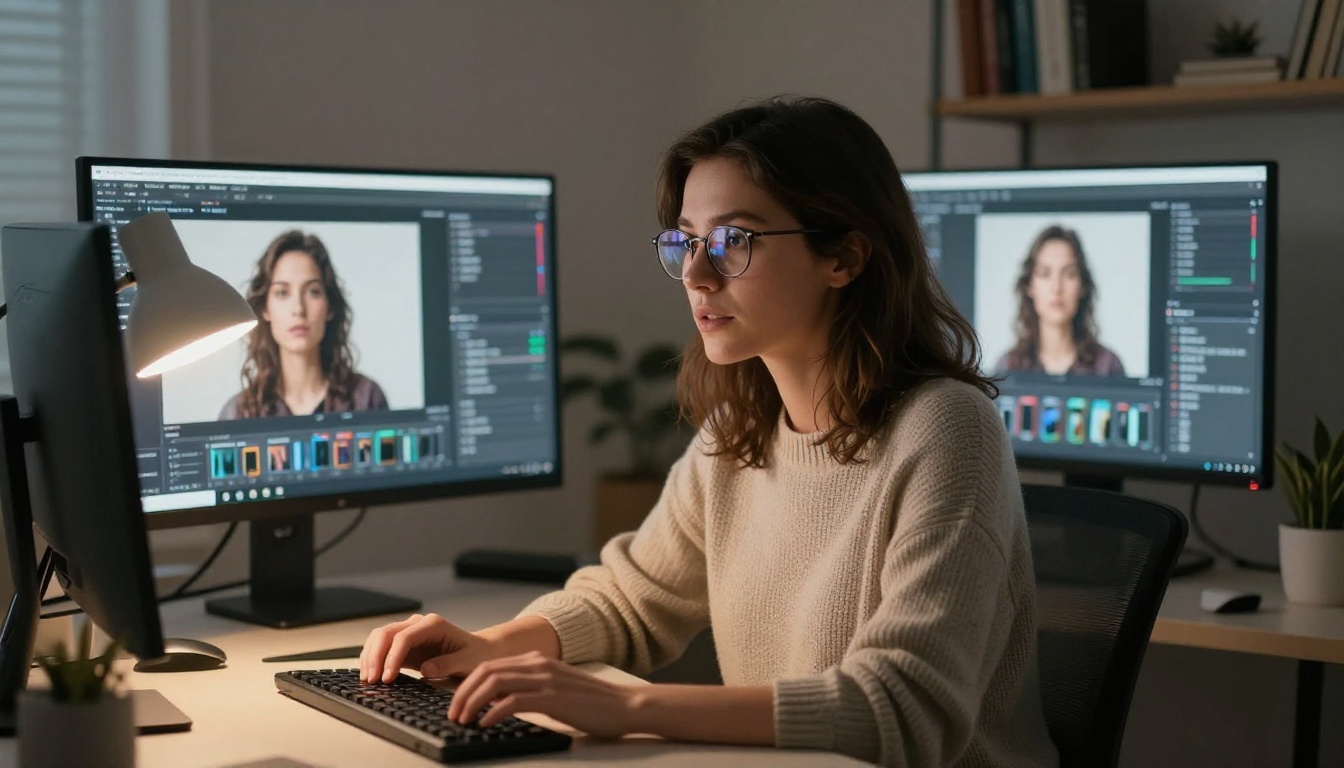 Woman working focused at a dual-monitor workstation with AI fashion editing software open, warm desk lamp light in a modern home office