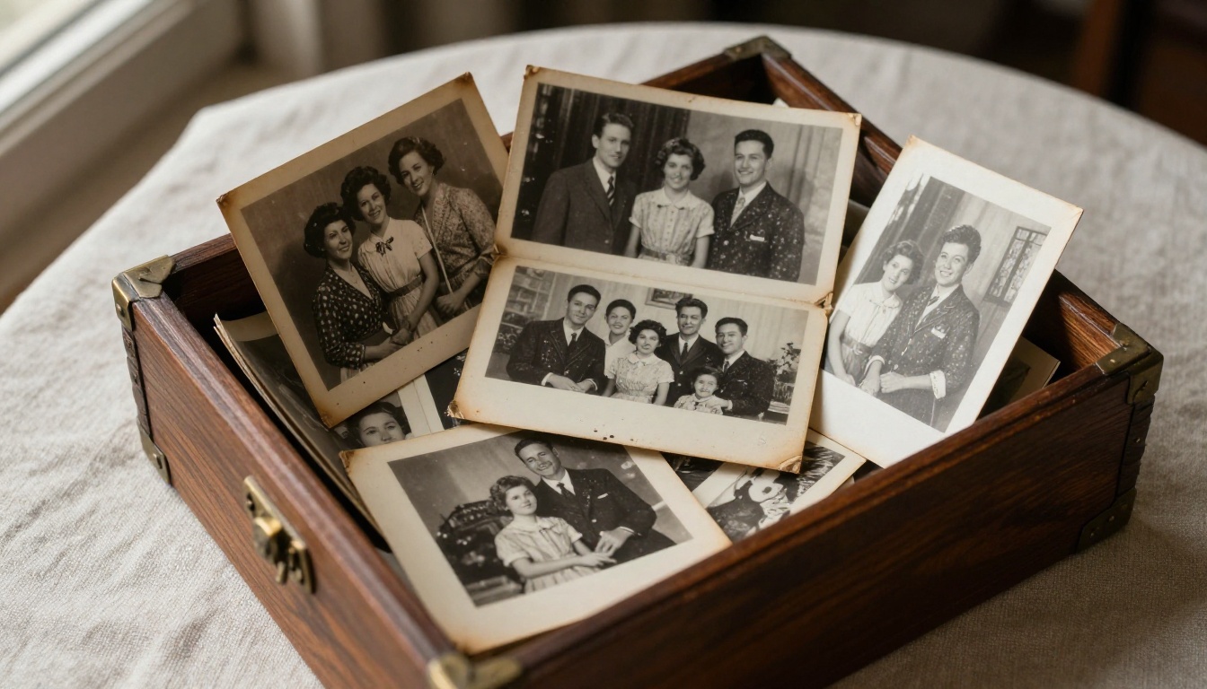 A wooden box overflowing with old black-and-white family photographs
