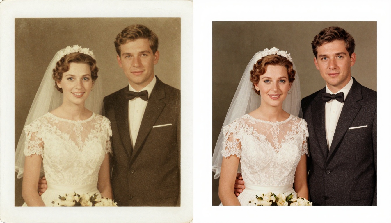 Before and after comparison of old damaged wedding photograph restored by AI