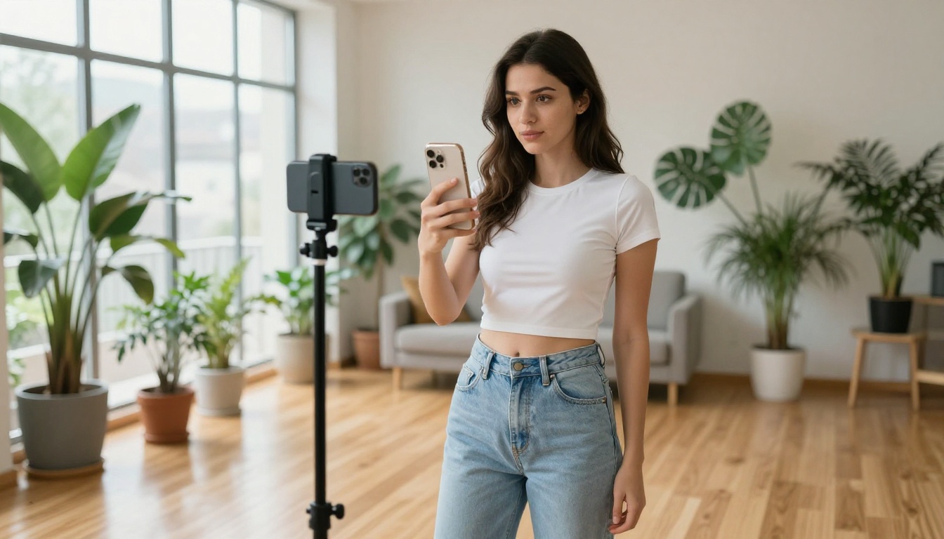 Young woman filming vertical content at home with smartphone tripod