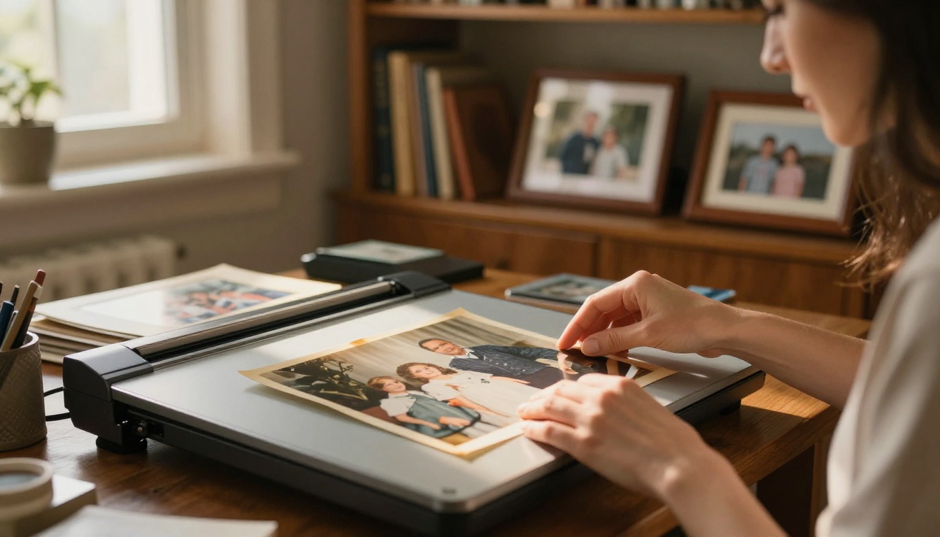 Woman carefully positioning an old photograph on a flatbed scanner