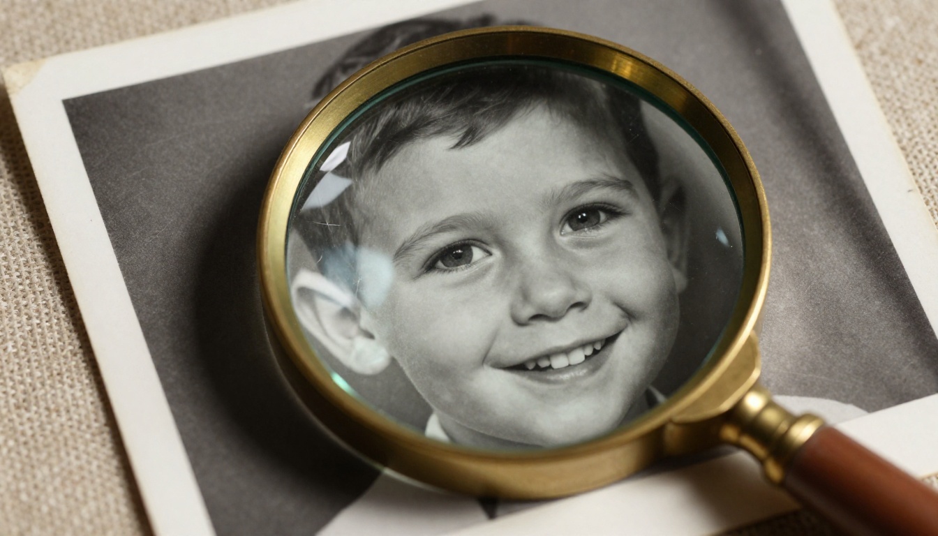Extreme close-up of an old child's photo with magnifying glass revealing detail
