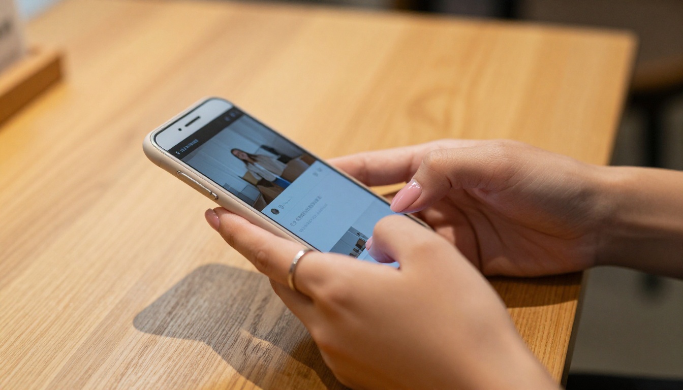 Woman scrolling vertical video feed on smartphone at cafe