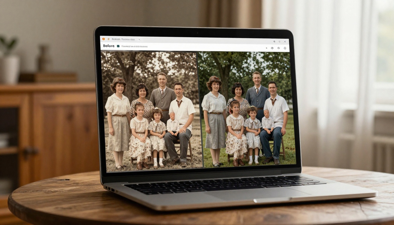 Laptop showing before-and-after AI photo restoration interface