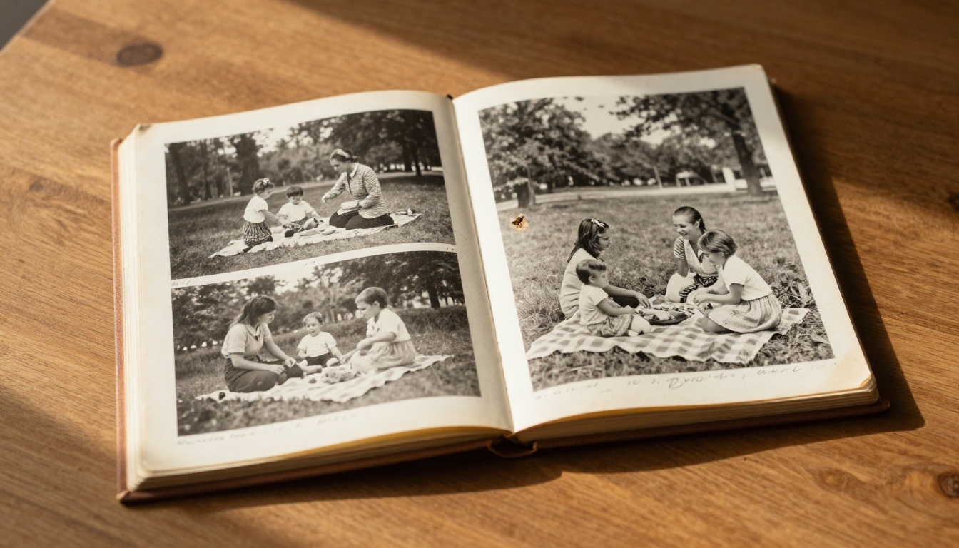 Old family photo album open on a wooden table with handwritten captions Old family photo album open on a wooden table with handwritten captions
