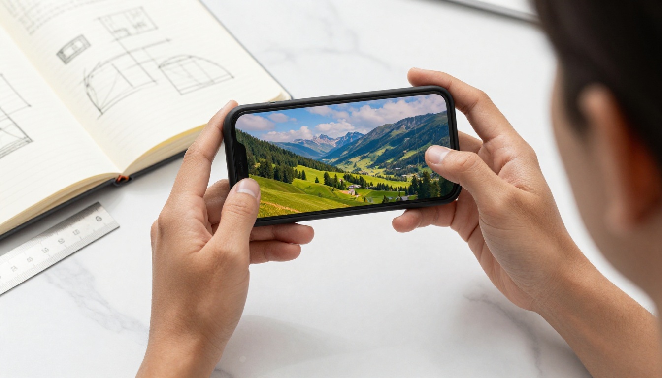 Overhead view of smartphone with vertical video and notebook with aspect ratio sketches
