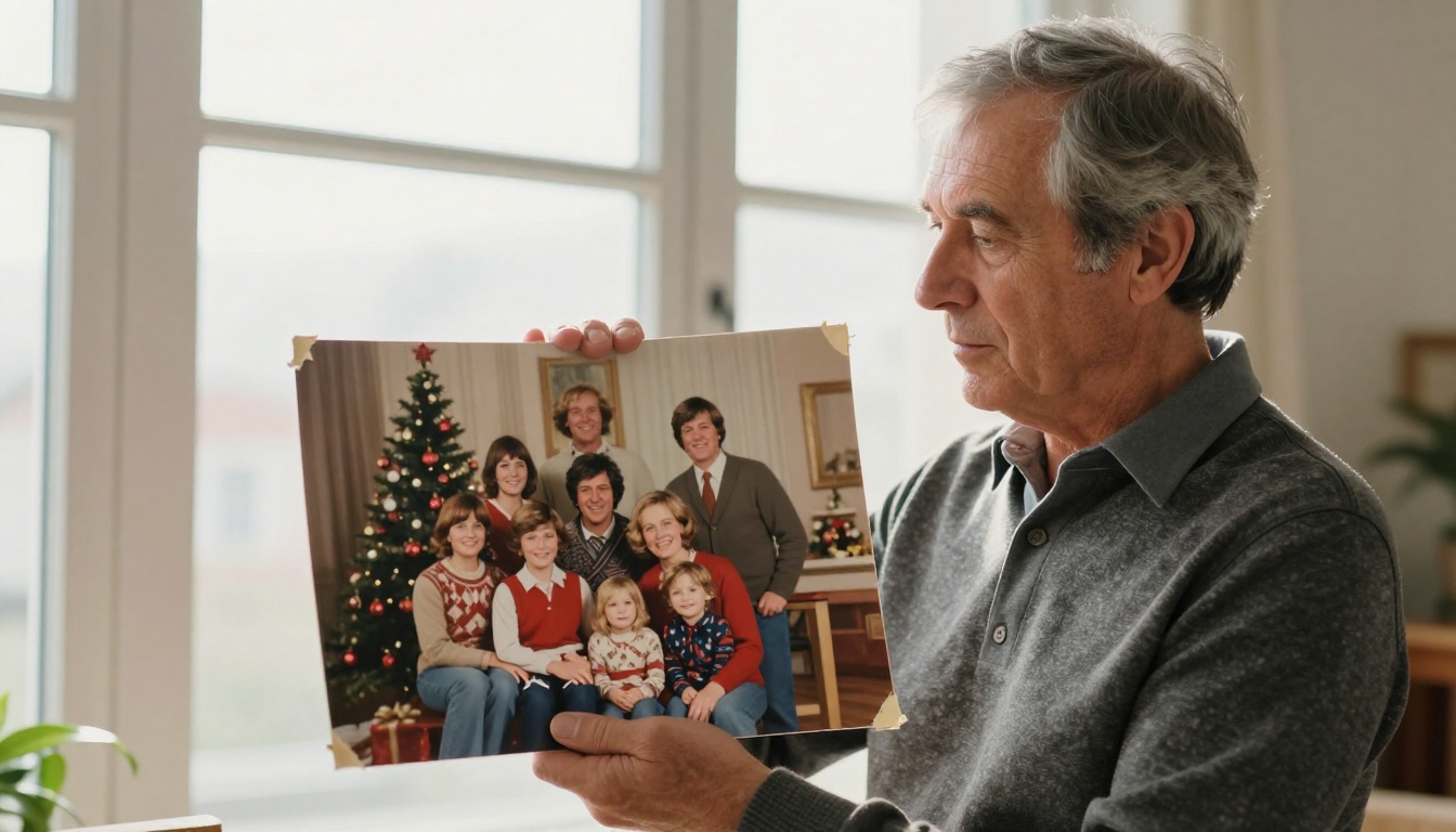 Man carefully examining an old family portrait near a window Man carefully examining an old family portrait near a window