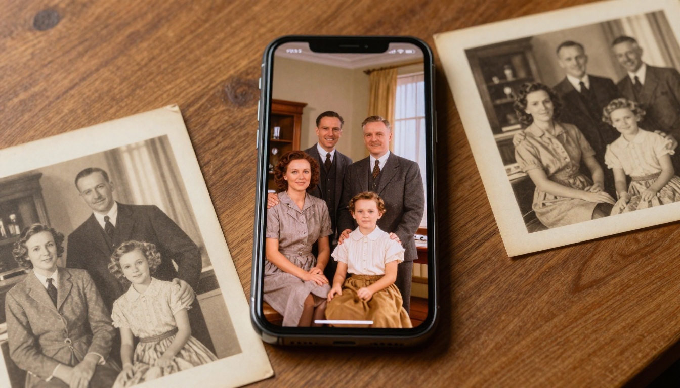 Smartphone displaying AI-colorized 1940s family portrait beside original sepia prints Smartphone displaying AI-colorized 1940s family portrait beside original sepia prints