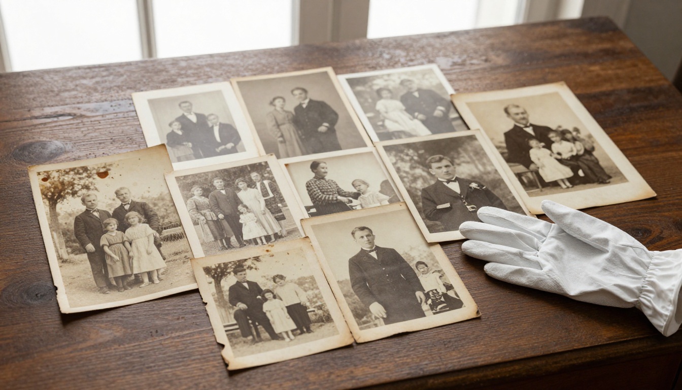 Flat-lay of vintage family photographs with white archival cotton gloves beside them Flat-lay of vintage family photographs with white archival cotton gloves beside them