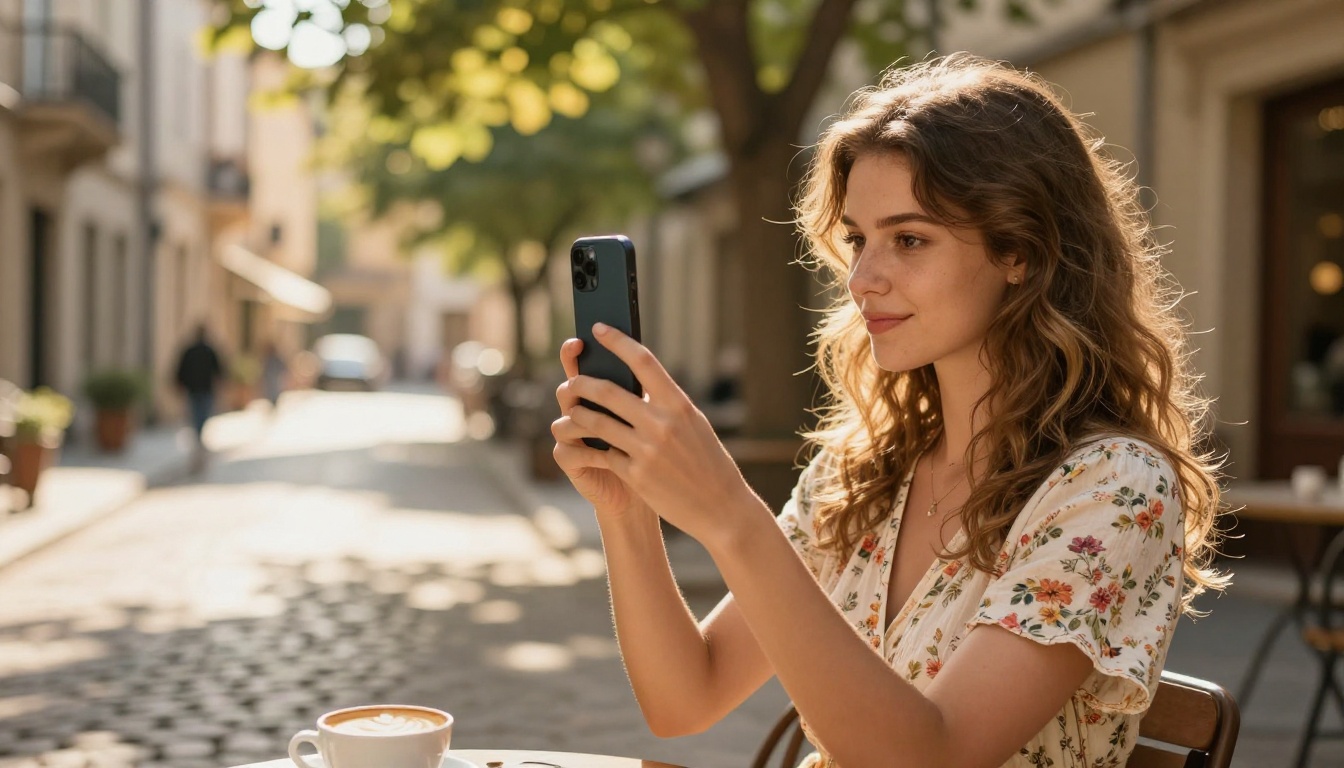 Attractive woman filming travel vlog vertically at European street cafe