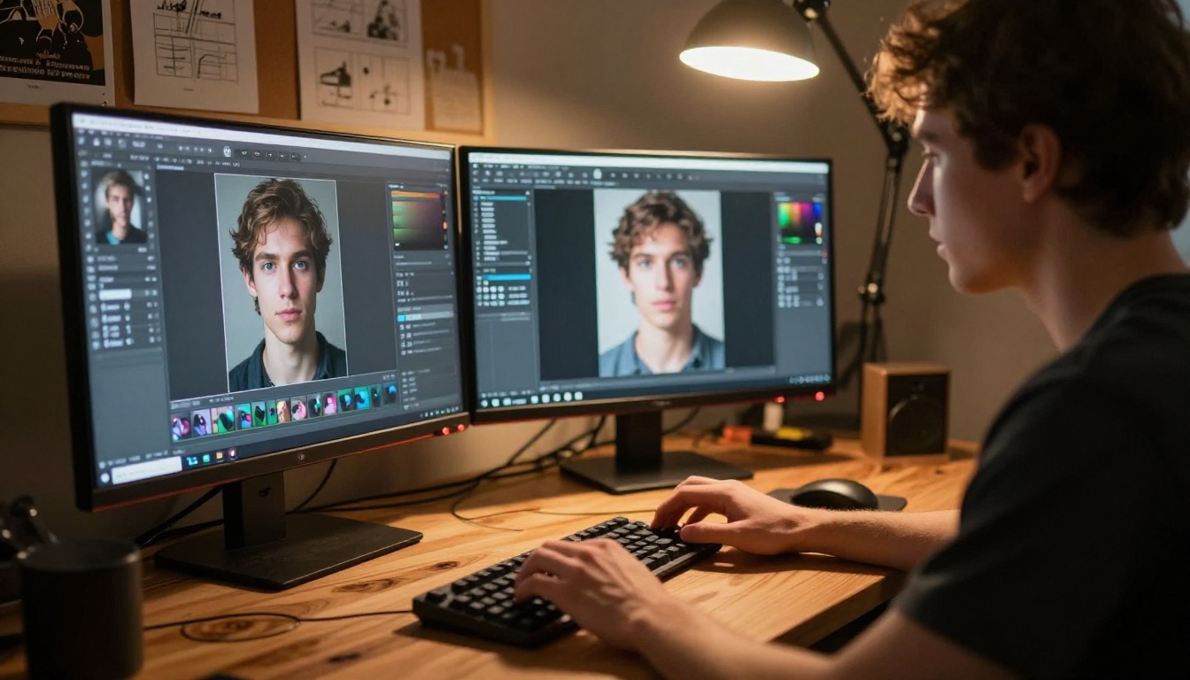 Filmmaker creating AI characters at an editing workstation