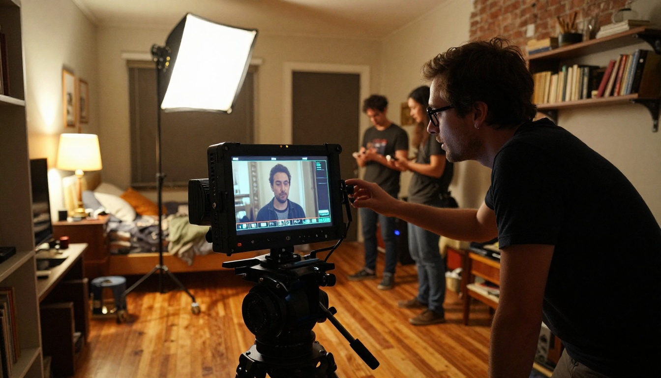 Behind-the-scenes of a short film set with AI actor displayed on a director's monitor