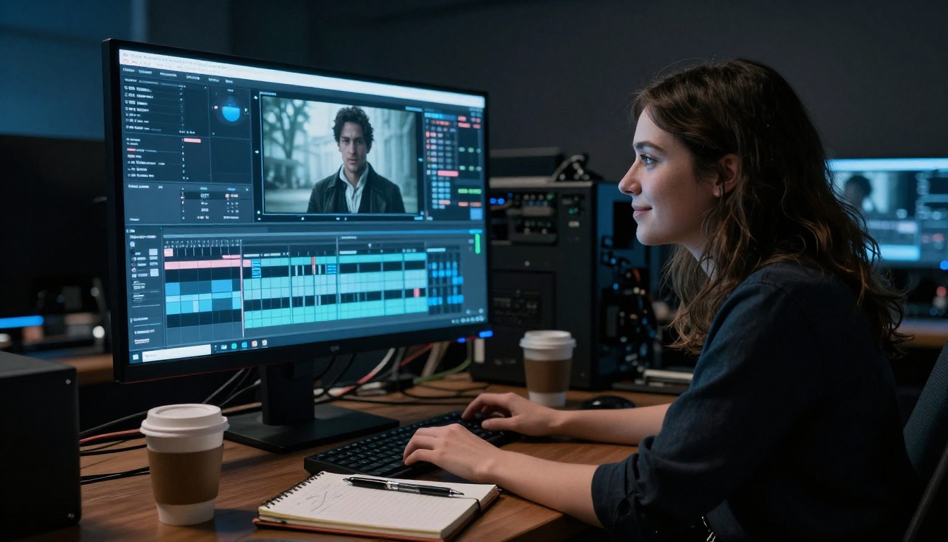 Director reviewing AI actor footage on a cinema-grade color grading monitor