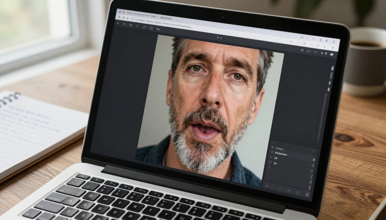 Close-up of a laptop screen showing an AI lipsync interface with a realistic face