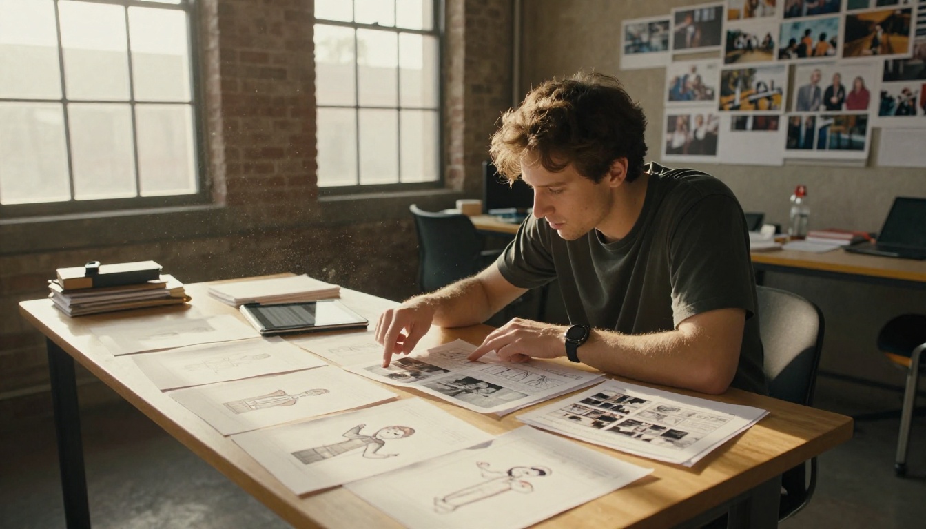 Two filmmakers reviewing storyboard sheets spread across a workstation in natural morning light Two filmmakers reviewing storyboard sheets spread across a workstation in natural morning light