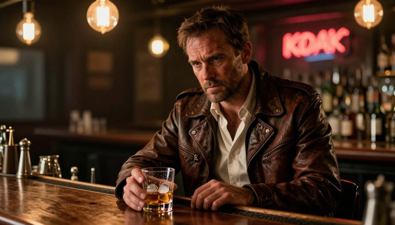 Photorealistic AI-generated male actor in a dramatic cinematic detective scene at a bar Photorealistic AI-generated male actor in a dramatic cinematic detective scene at a bar