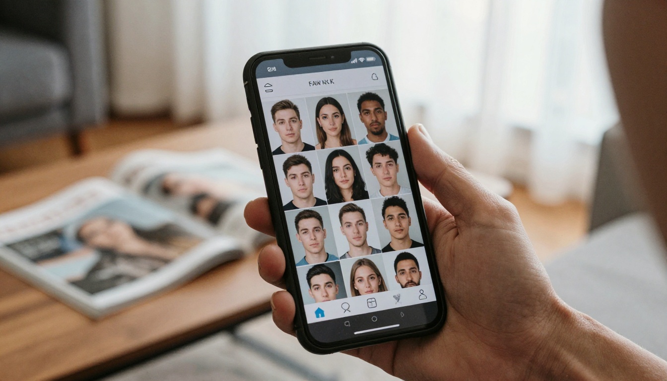 Person holding smartphone browsing AI face generation interface in a warm living room Person holding smartphone browsing AI face generation interface in a warm living room