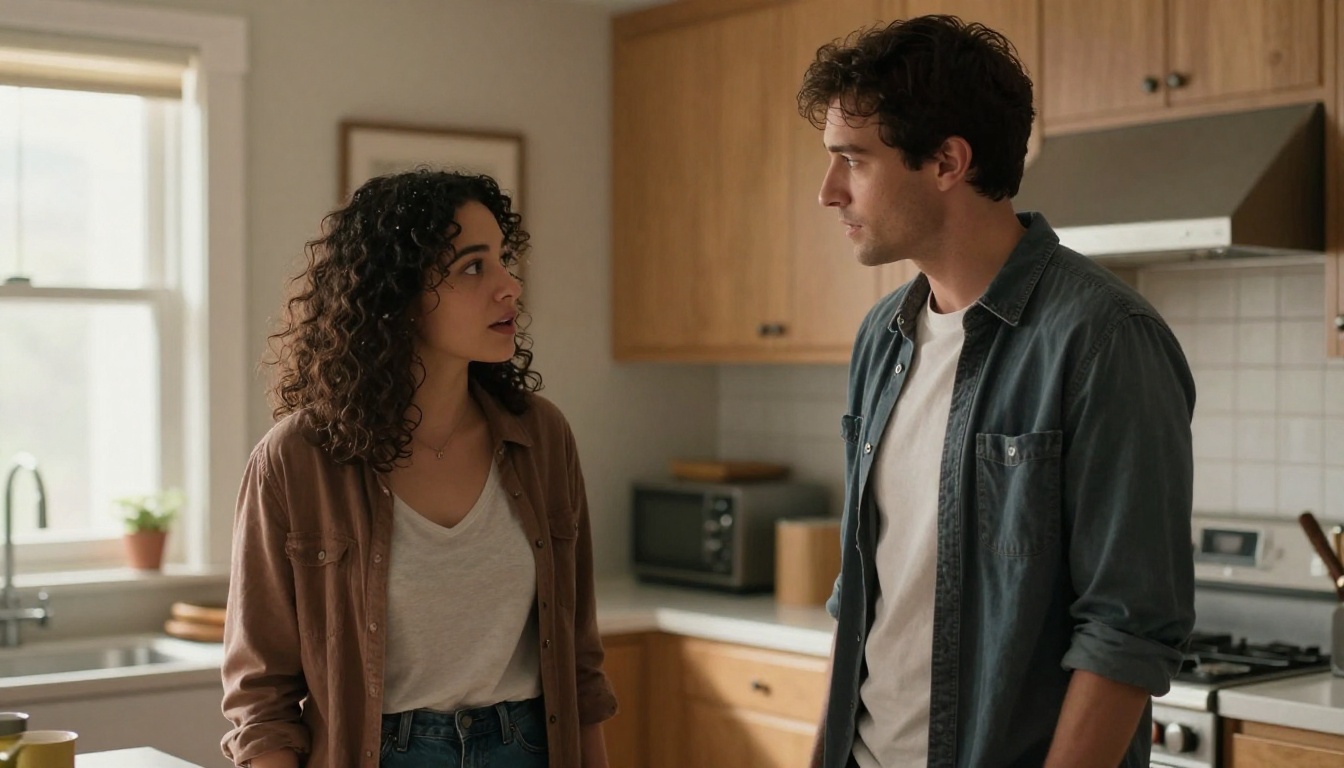 Cinematic still of two photorealistic AI-generated characters in an emotional kitchen scene Cinematic still of two photorealistic AI-generated characters in an emotional kitchen scene