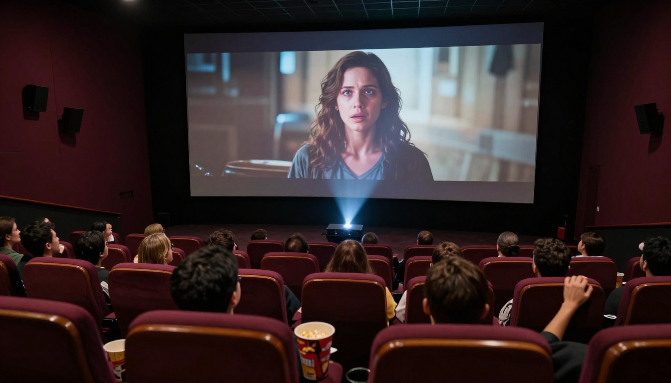 Film festival screening room audience watching a short film featuring an AI-generated actress on screen Film festival screening room audience watching a short film featuring an AI-generated actress on screen