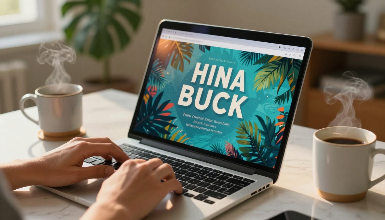 A designer typing on a laptop displaying an AI-generated book cover in a modern home office