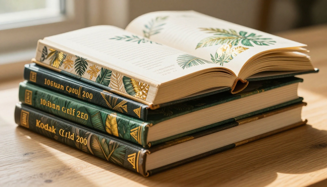 A stack of hardcover books with tropical botanical cover art on a warm wooden surface