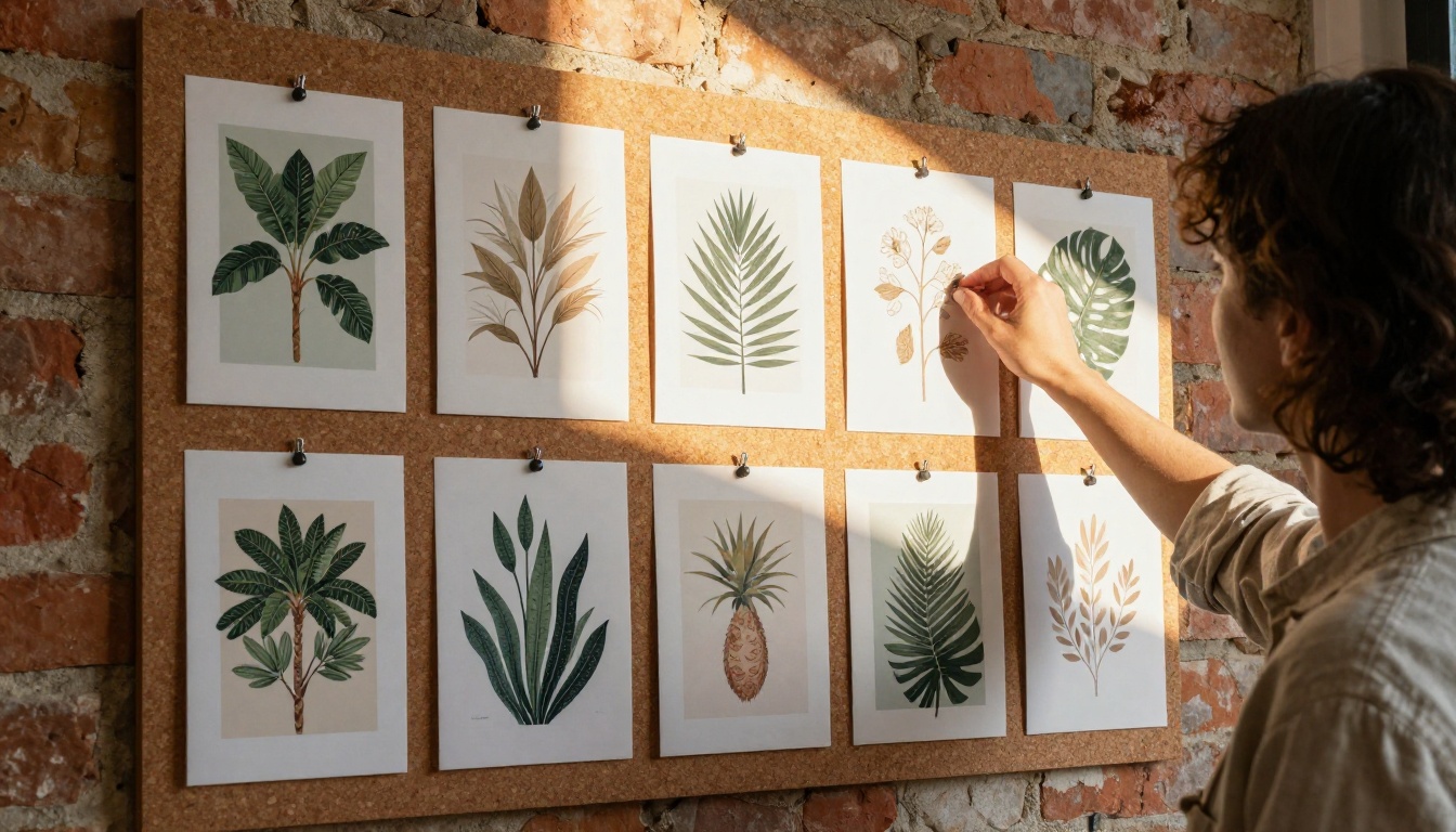 A graphic designer pinning book cover mockups to a cork mood board in a creative studio