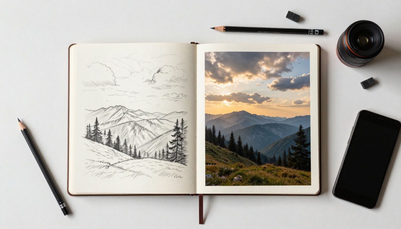 Aerial flat-lay view of an open sketchbook with pencil sketch on left and printed photorealistic landscape on right, surrounded by art supplies on a white oak desk