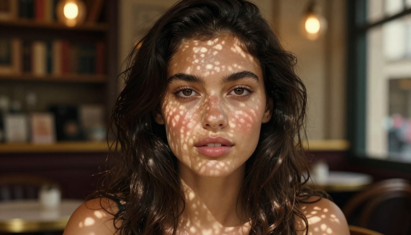 Photorealistic portrait of a young woman with warm honey-toned skin in a Parisian cafe, dappled morning sunlight through lace curtains, shot with Leica 50mm lens and Kodak Portra 400 film grain
