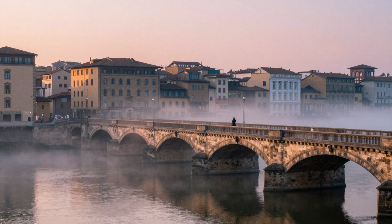 Photorealistic cityscape of a European stone bridge at dawn over a misty river with golden sunrise light and ancient stone buildings lining the riverside