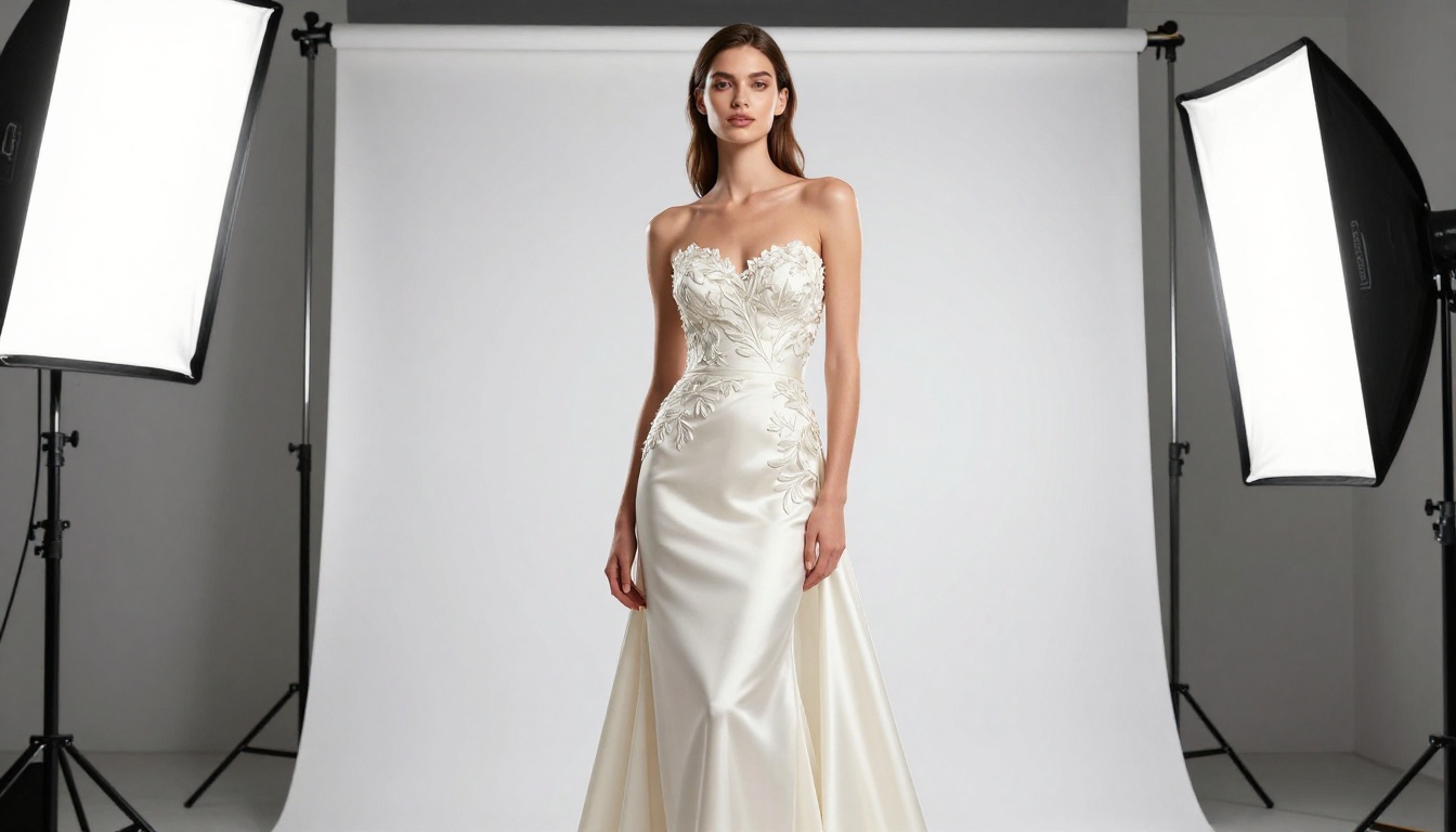 Photorealistic fashion model wearing an elegant ivory silk evening gown in a professional photography studio with large softbox lights, ultra-sharp fabric texture detail