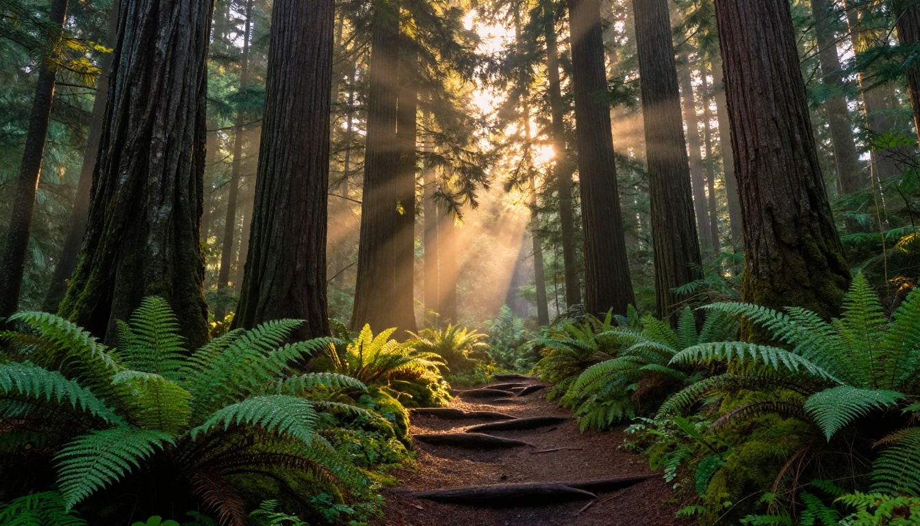 Photorealistic Pacific Northwest old-growth forest at golden hour with towering Douglas firs, luminous green moss floor, god rays through the canopy, and morning mist in the distance Photorealistic Pacific Northwest old-growth forest at golden hour with towering Douglas firs, luminous green moss floor, god rays through the canopy, and morning mist in the distance