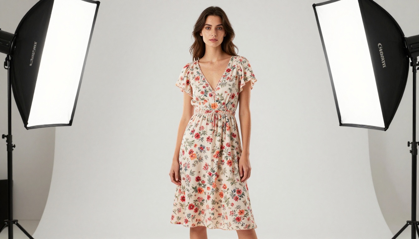 Studio fashion photography showing a woman in a floral sundress against a clean white backdrop with professional octabox lighting