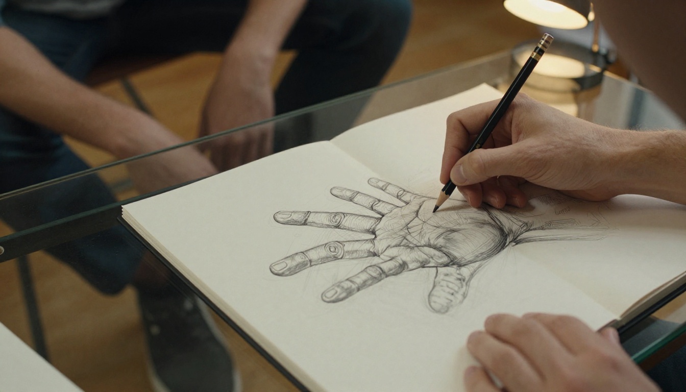Low-angle view of an artist's hand holding a pencil over a sketchbook on a glass desk, warm lamp light illuminating the sketch pages from the right, shallow depth of field Low-angle view of an artist's hand holding a pencil over a sketchbook on a glass desk, warm lamp light illuminating the sketch pages from the right, shallow depth of field