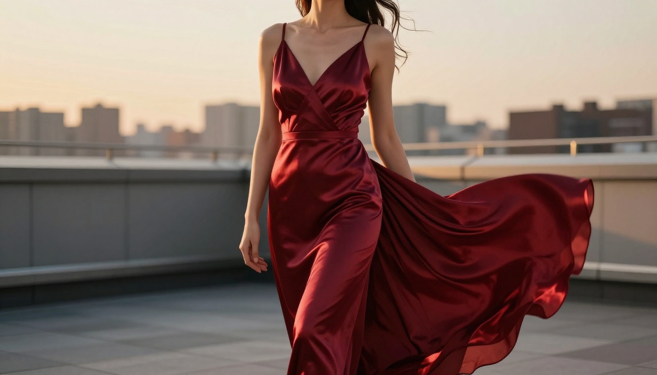 Elegant woman in a fitted deep red silk evening gown on an outdoor rooftop terrace with city skyline blurred in background, golden hour lighting