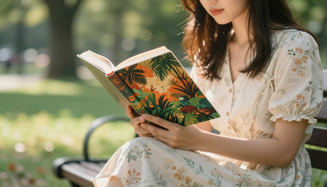 A young woman reading a novel with tropical botanical cover art on a sunlit park bench