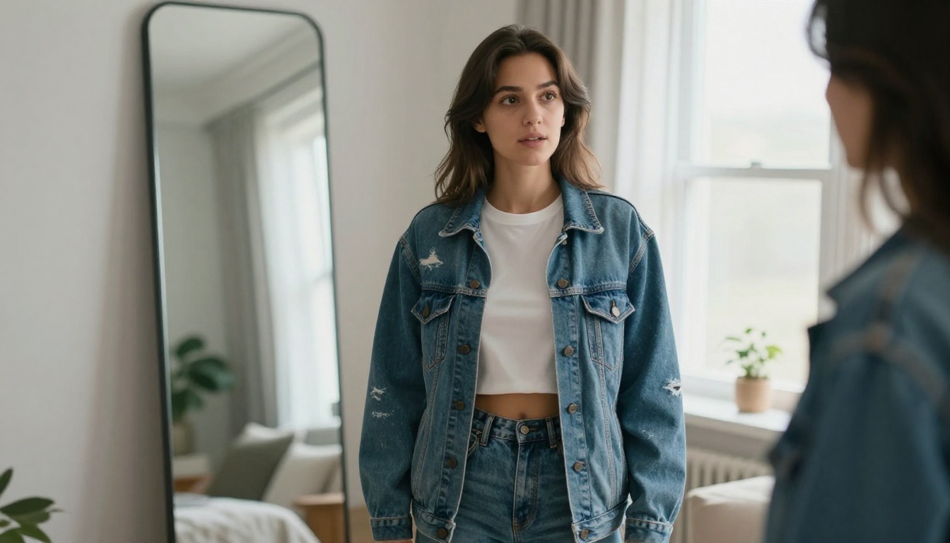 Young woman trying on an oversized vintage denim jacket over a white cropped t-shirt, standing in front of a mirror in a bright modern bedroom with natural window light