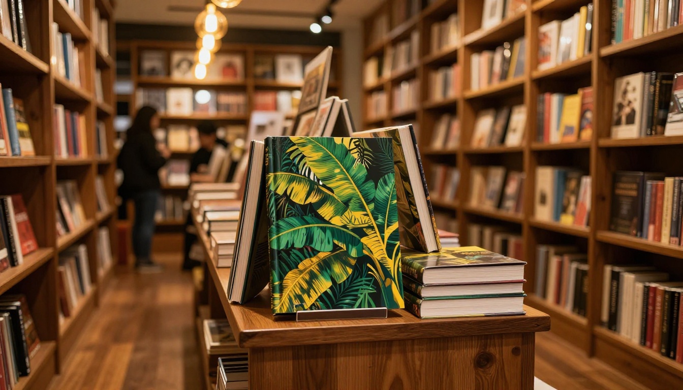 The interior of a cozy independent bookstore with a prominently displayed tropical book cover The interior of a cozy independent bookstore with a prominently displayed tropical book cover